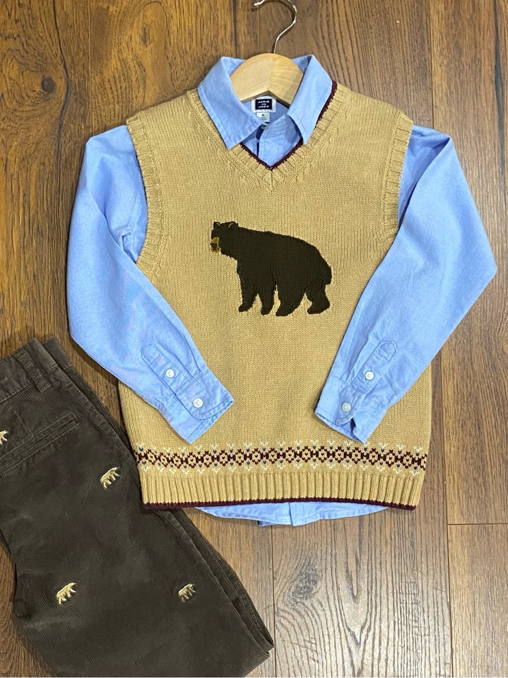 Janie and Jack Boys Blue Oxford Shirt with Tan Bear Sweater Vest Size 6 - Picture 14 of 15